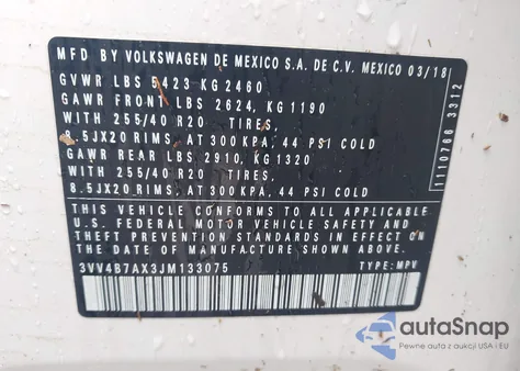 2018 Volkswagen Tiguan 2.0T Sel Premium from USA, damaged, VIN 3VV4B7AX3JM133075